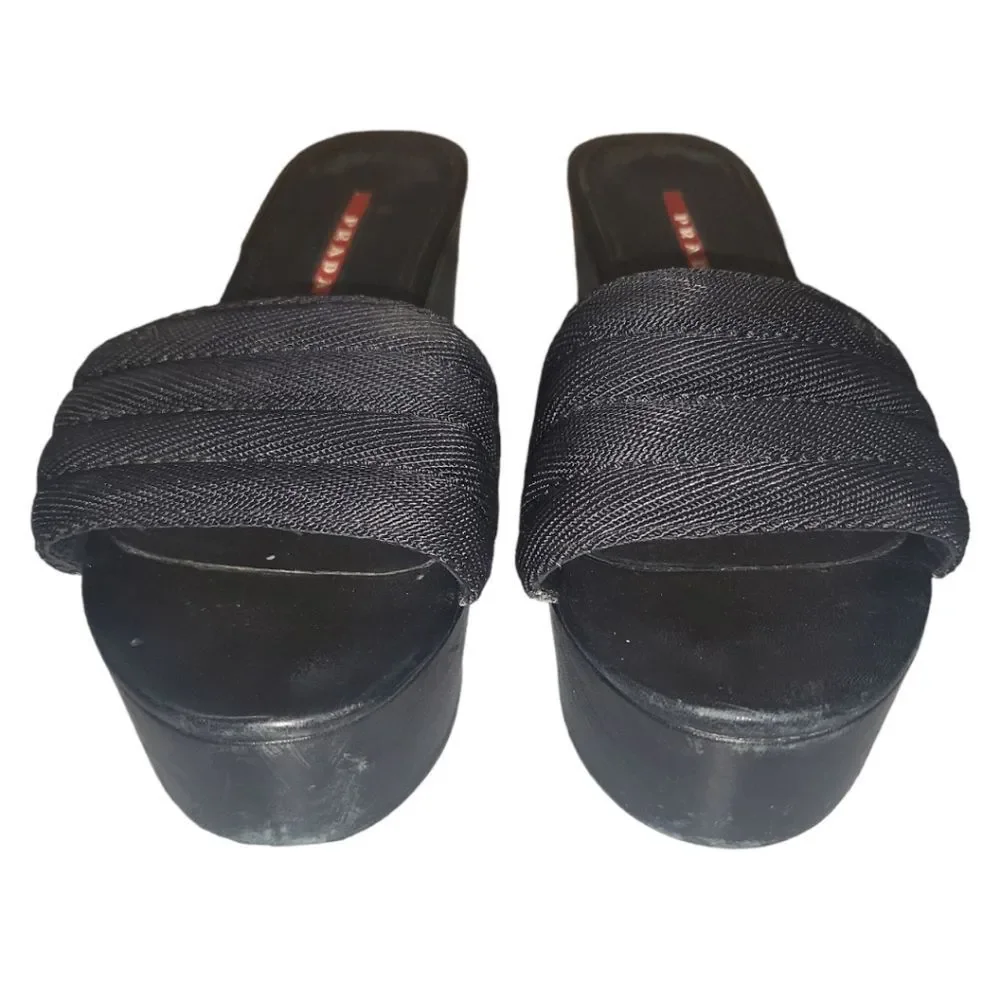 PRADA Vintage Y2K 2000s Black Mesh‎ Leather Platform Slip-on Sandal Size 36